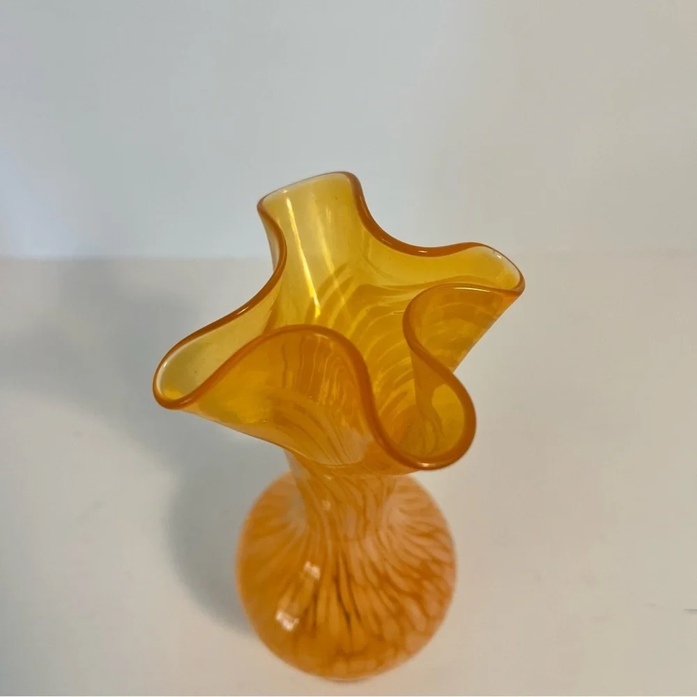 Vintage Orange and White Splatter Glass Vase with Ruffled Edge 6.5” Tall
